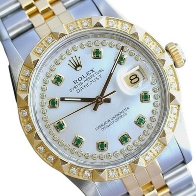 Rolex Datejust 18K & SS White MOP Emerald Dial Diamond Bezel Watch w/ Paper