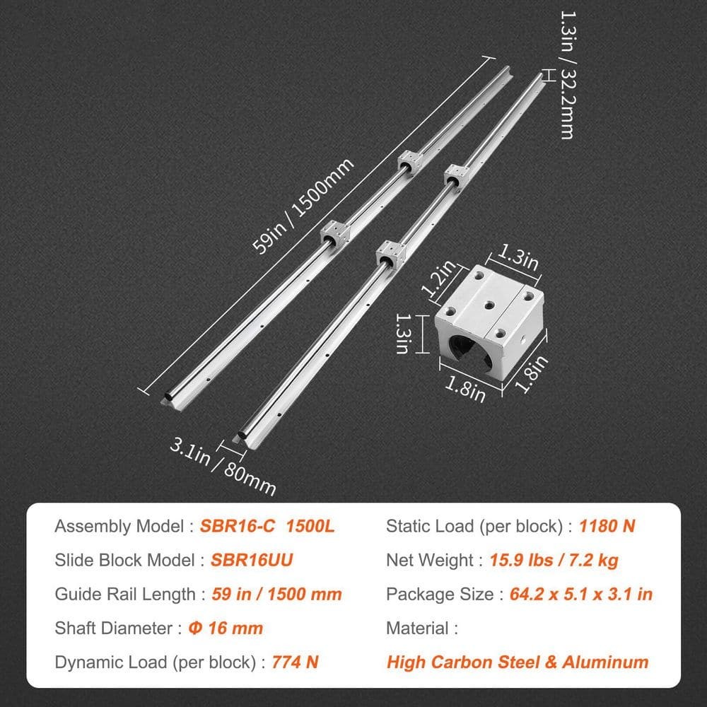 SKYSHALO SBR16 Linear Set 1500mm (2) Rails + (4) SBR16UU Slide Blocks 59"CNC Kit