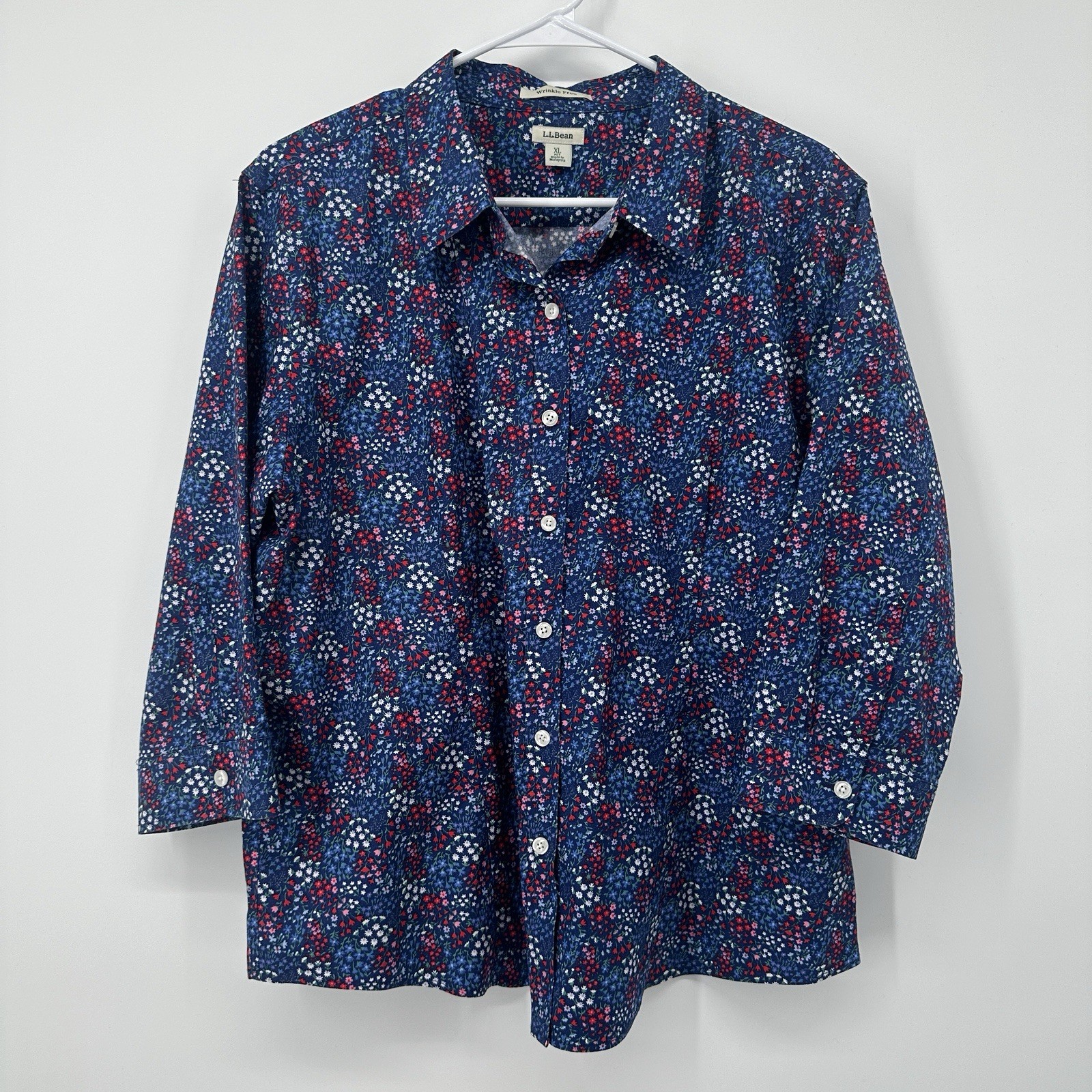 L.L. Bean Blue Pink Floral Button Up Blouse Wrinkle Free Womens Size XL Petite