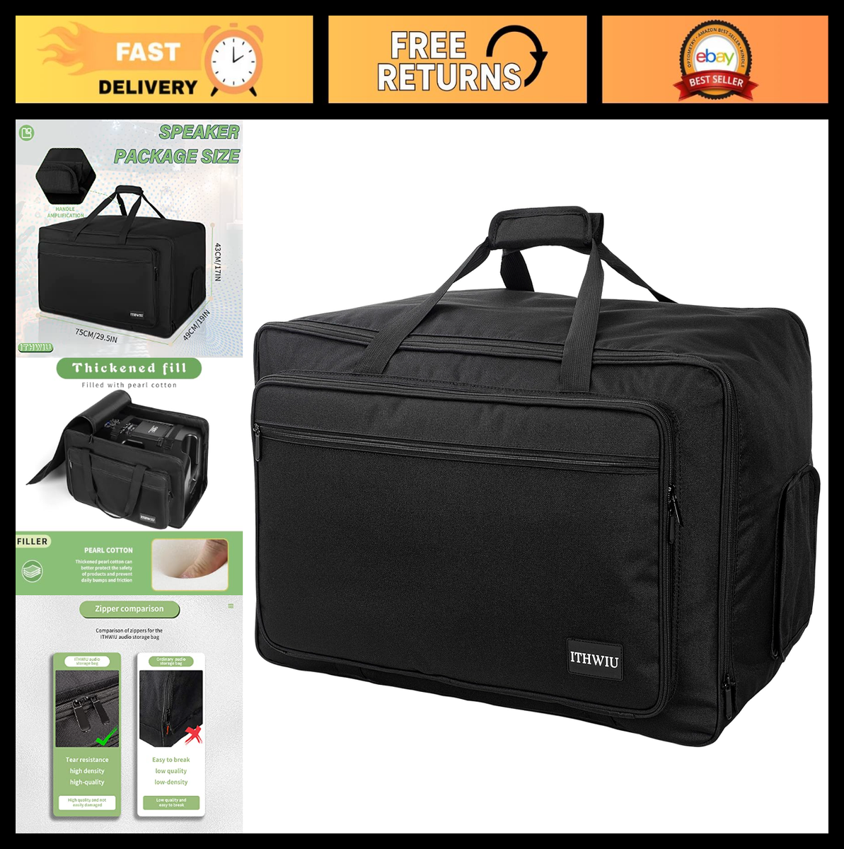 Heavy-Duty Speaker Carrying Bag with Thick Sponge for 15