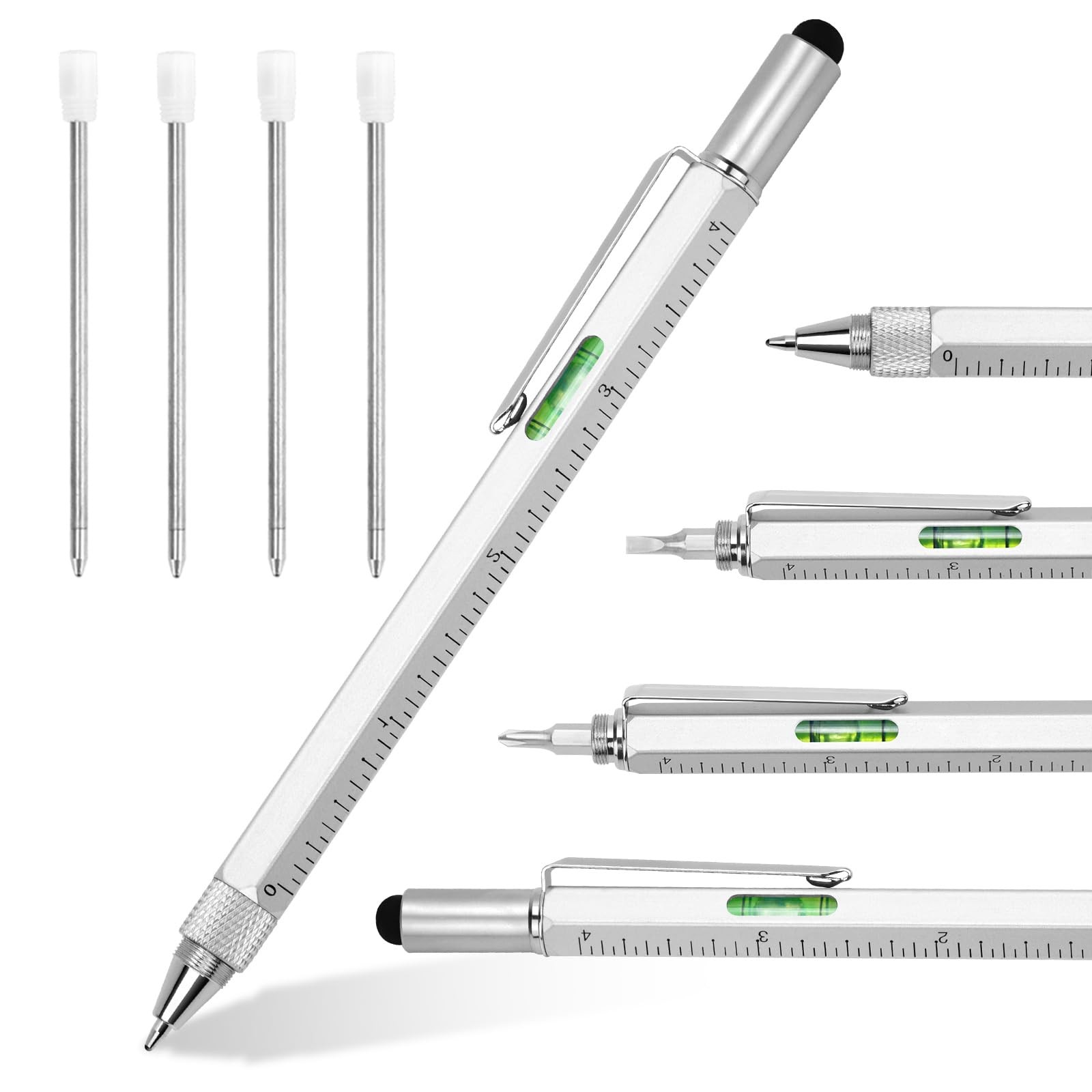 Cool Pen Gifts for Men, 6-in-1 Multi Tool Tech Gadgets 6 in 1 Silver