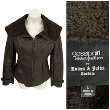 Gossip Girl Coat Womens Large Brown Faux Leather Sherpa Jacket Officecore Rock