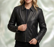 Womens Real Leather Biker Jacket Vintage Brown Casual Zipper Slim Outerwear