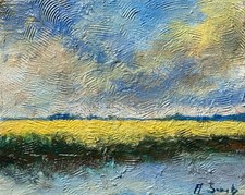 Dipinto acrilico originale 8x10 - Campo dorato e cielo di Andrew Semberecki