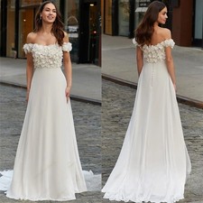 Chiffon A Line Boat Neck Boho Wedding Dress Off Shoulder 3D Flower Bridal Gown