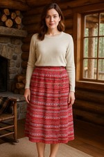 Vintage TY Wear 24W Cotton Button Front A-Line Midi Skirt Red Southwest