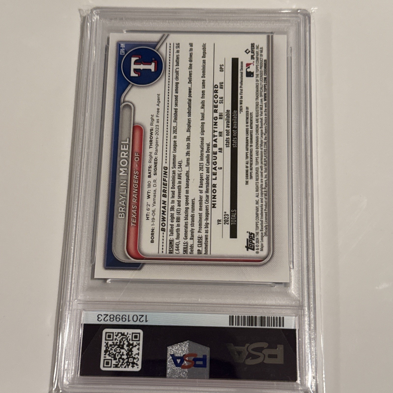 2024 Bowman Chrome Sapphire Braylin Morel RC Auto PSA 10 #BM /199 Rangers view 4