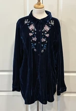 Soft Surroundings Floral Royal Blue Velvet Top 3X Button Tunic Long Sleeves