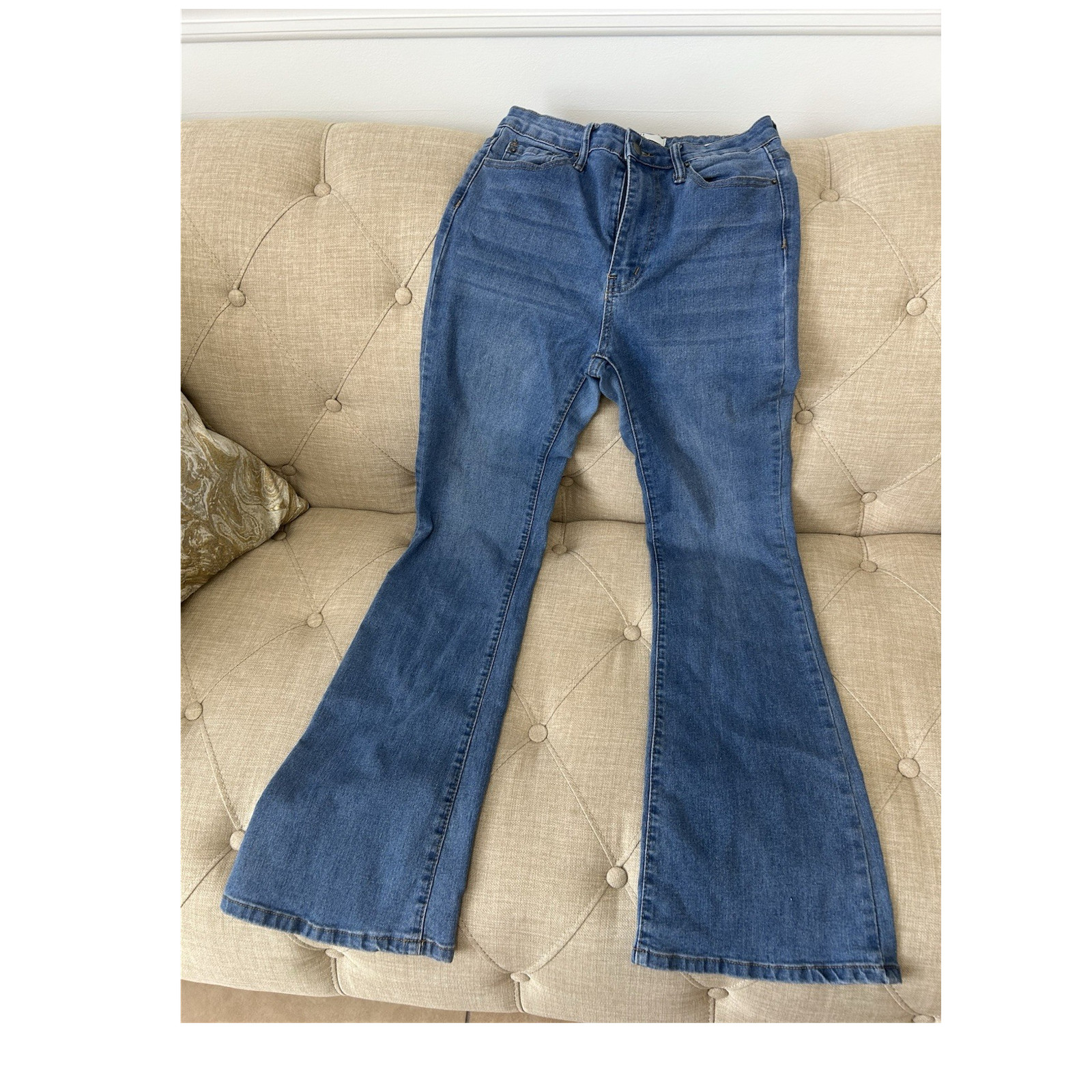 HERS Womens Flared Denim Jeans Size Blue Flare Bell Bottoms Stretch Pants Y2K
