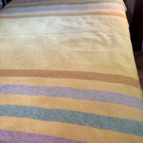 Vintage MCM Wool Blanket Yellow W/ Stripes - 81” X 69”