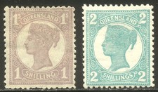 QUEENSLAND #121, 140 Mint - 1897-09 1sh-2sh Victoria Issues ($55)
