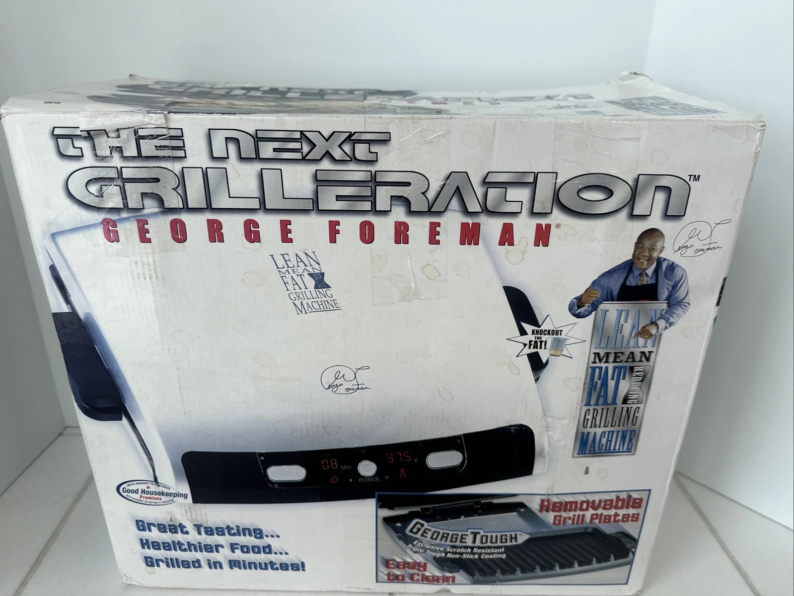 George Foreman Lean Mean Next Grilleration Electric Grill Silver & Cookbook NOS