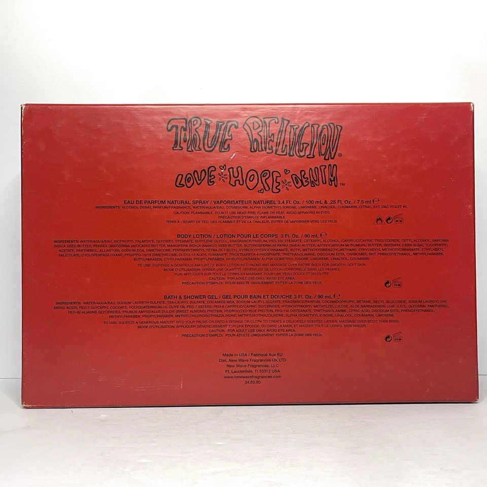 TRUE RELIGION Love Hope Denim Juego de 4 piezas 3,4 oz Spray + 0,25 oz Spray + loción + gel Foto 3 de 4