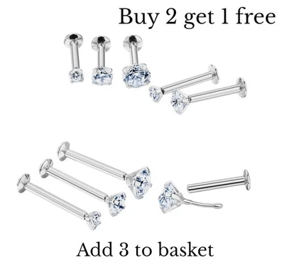 Crystal threadless labret helix bar with 2 or 3mm clear crystal 0.8, 1 OR 1.2MM - Image 1 of 3