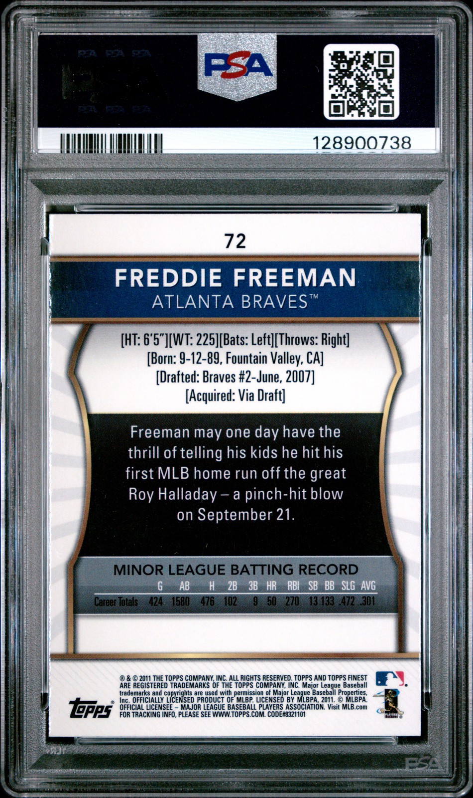 2011 TOPPS FINEST #72 FREDDIE FREEMAN ROOKIE RC PSA 10 view 2