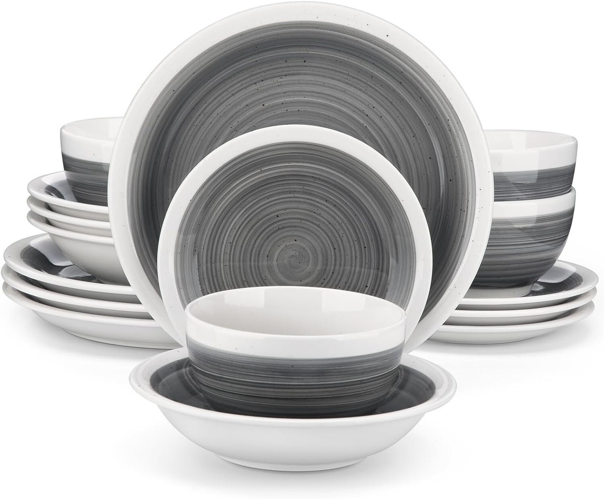 16Pc Stoneware Dinner Set Round Deep Desert Plates Soup Cereal