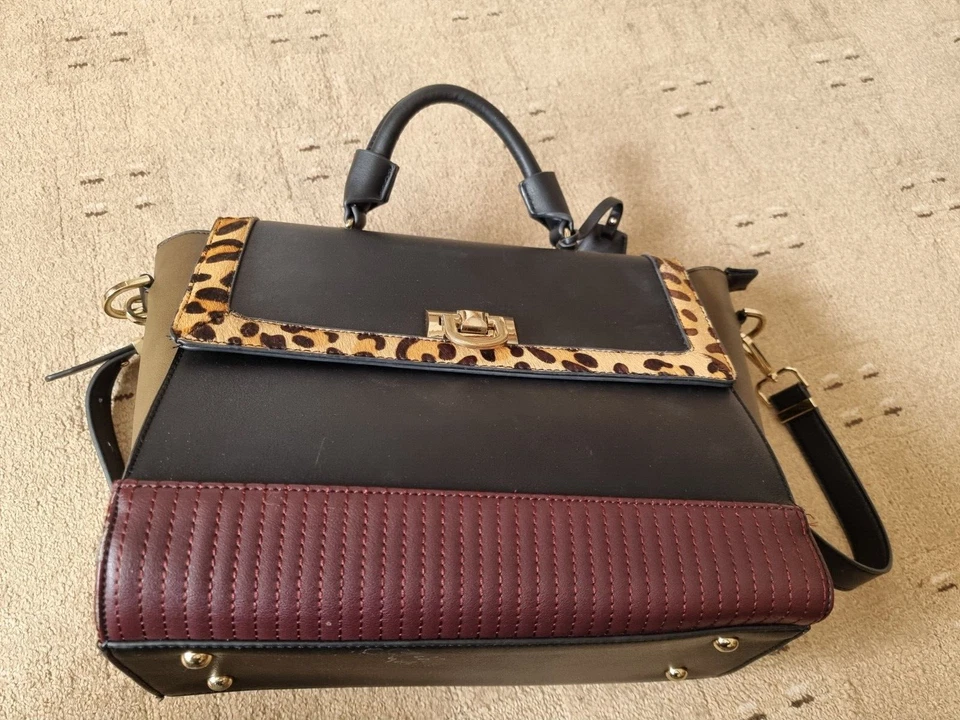 Atmosphere black, olive and brown handbag with leopard print zip & turn lock - Image 4 of 4