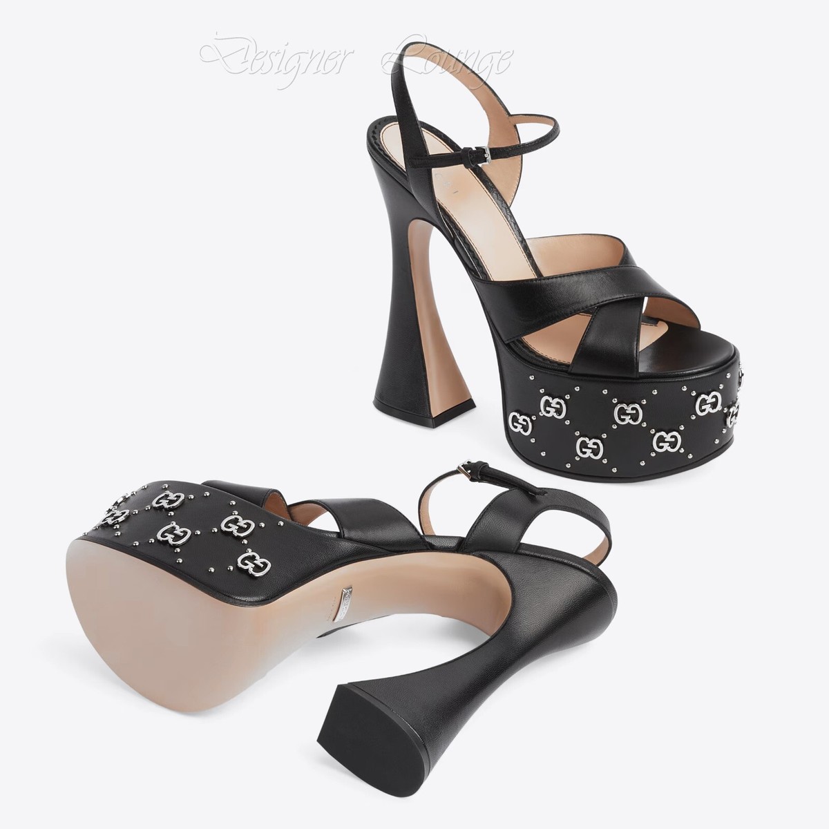 GUCCI グッチ Platform Heel 37/23.5cm GG 19A NEW GUCCI Janaya Interlocking G Studs Black Leather Platform