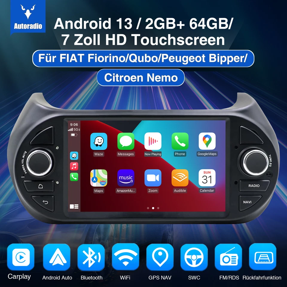 7'' Android13 Autoradio Stereo GPS Navi BT Carplay 64G per Für FIAT Fiorino Qubo - Immagine 2 di 4