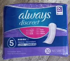 Always Discreet Heavy 5 Drop Incontinence 32 Long Pads Zero Leak/Odor Protection