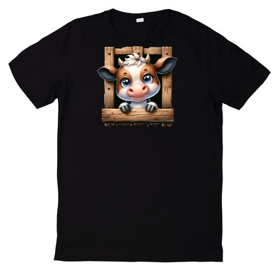 Cute Cow Looking Out Of A Wooden Window Motif Cotton T-Shirt