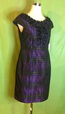 Jessica Howard Size 10 Purple Black Plaid Ruffle Neck Rosette Sheath Cruise NWT