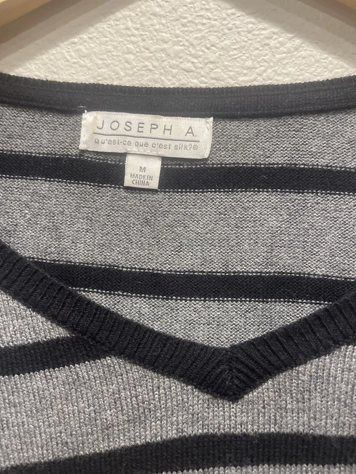 Joseph A Acogedor Suéter Negro Gris Rayas Mangas 3/4 Jersey Cuello en V Suave Lux Talla M Foto 4 de 4