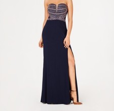 Crystal Doll Junior Womens 1 Navy Bejeweled Sweetheart Beaded Strapless Gown NWT