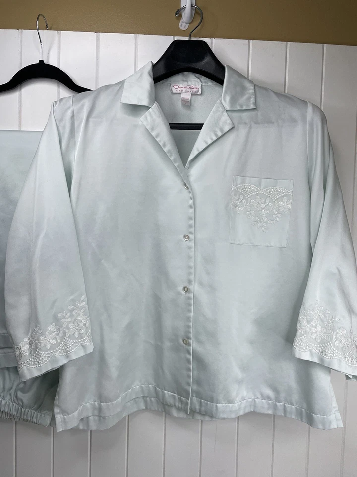 Oscar De La Renta Juego de 2 Pijama Etiqueta Rosa Azul Grande Perla Detalle de Encaje Sedoso Foto 2 de 4