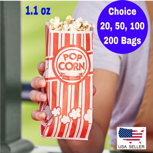 1.1 oz Popcorn Bags Red & White Striped Leak Proof Popcorn Bags Party Supply - Picture 1 of 11