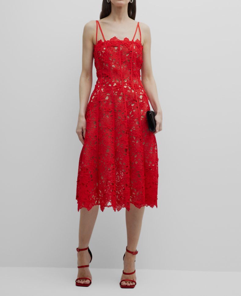 Oscar de La Renta Floral Guipure Lace Strappy Fit-&-Flare Midi Dress, Red, Women's, 14, Cocktail & Party Wedding Guest Dresses A-Line Dresses