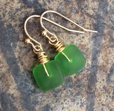 Min Favorit Emerald Green Sea Glass Square  Gold Pl Artisan Earrings Petite
