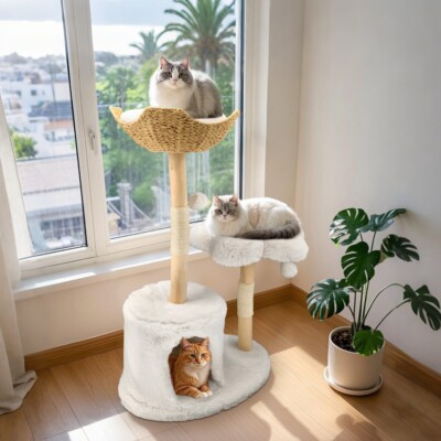 Wood Cat Tree Tower w/ Scratching Posts Pet Scratcher 3-tier Cat