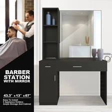 Black Barber Stylist Station with Mirror Salon Spa Beauty Hairdressing Furniture
