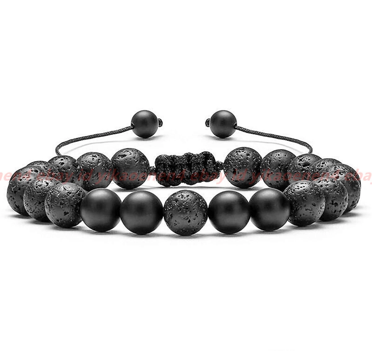 VALENTINO Bracciale Regolabile 8mm Lava Nera Agata Olio Essenziale Ansia Stress Donna Uomo