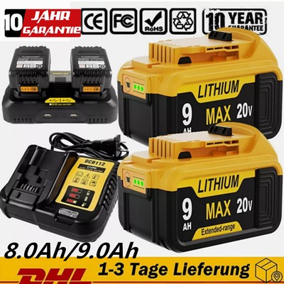 2X 9Ah Für DeWalt Akku 18V 6AH 12AH XR DCB184 DCB182 DCB200-2 /Ladegerät  NEU DE