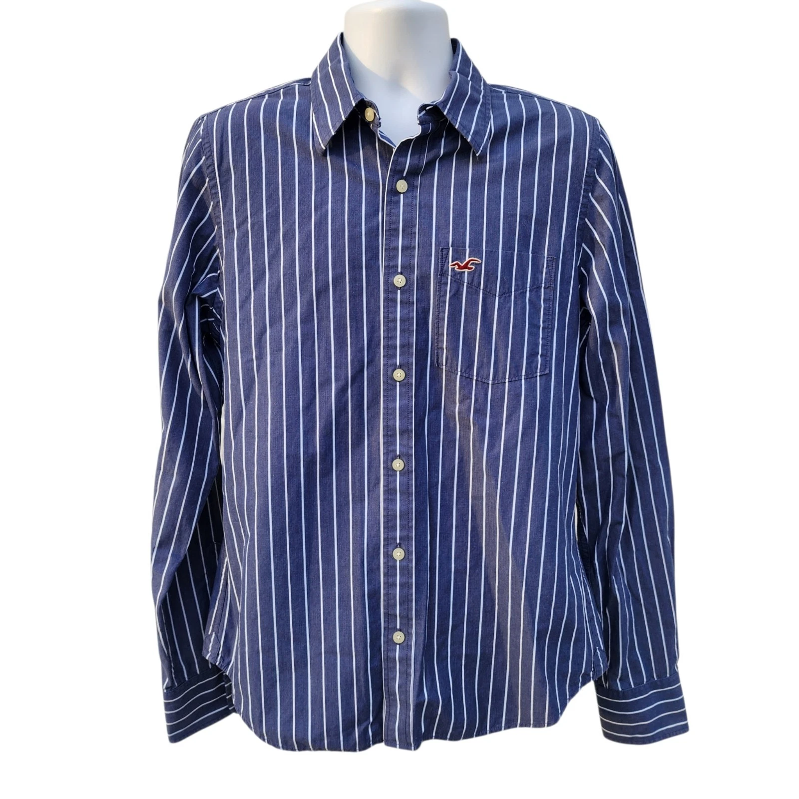 Hollister Mens Large Blue White Striped Button Front Shirt Cotton Logo Pocket