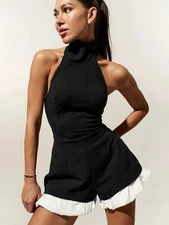 Women Off Shoulder Ruffled Patchwork Jumpsuit Bodycon Bodysuit Playsuit Outfit