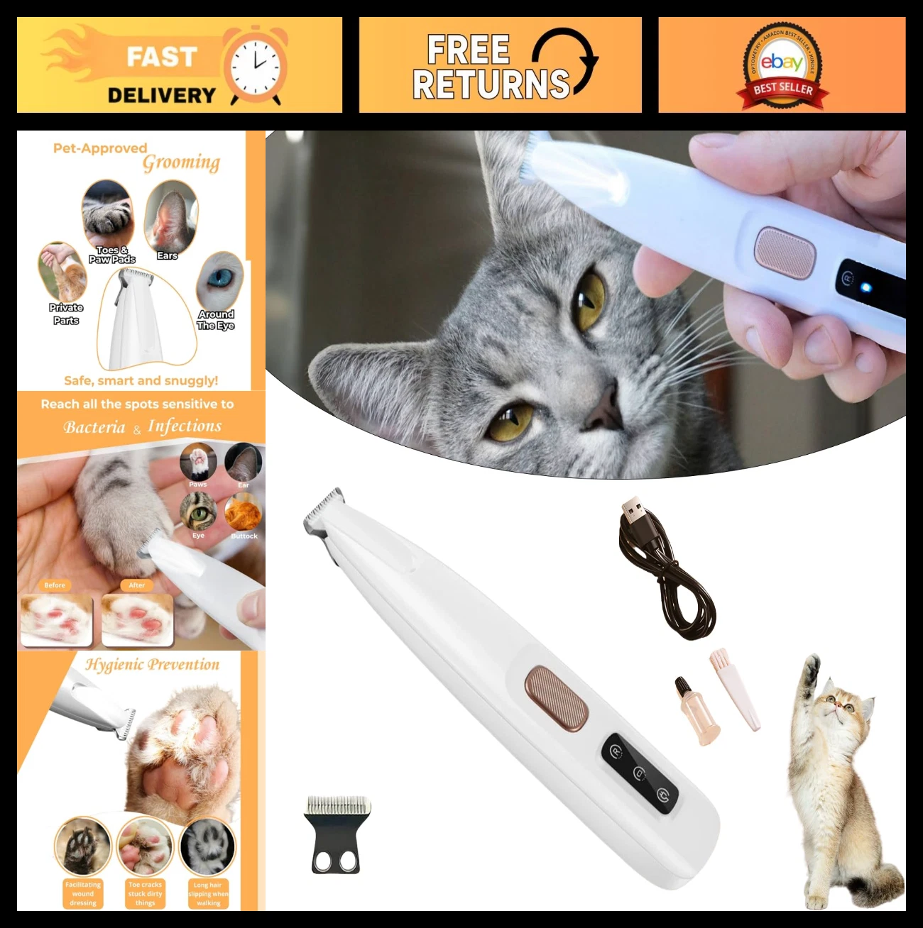 Cordless Cat Grooming Trimmer - Low Noise, Waterproof, Rechargeable Pet Shaver f