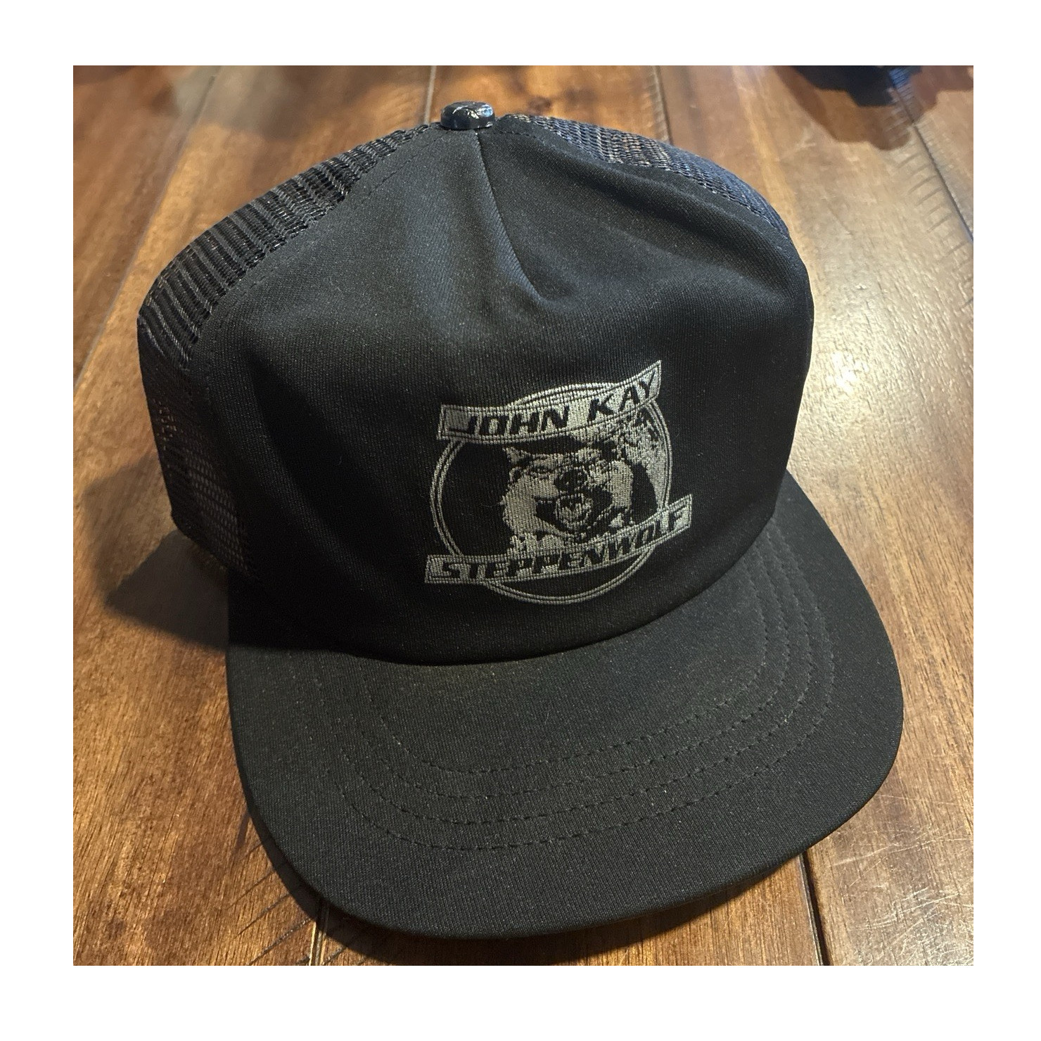 Vintage John Kay Steppenwolf Black Mesh Back Adjustable Snapback Trucker Hat Cap