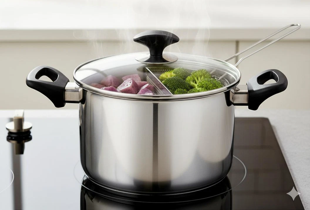 Stainless Steel Cooking Pot 22cm/5L with Lid and Free Basket, Induction Support
Opens in a new windo