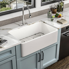 33 Inch White Farmhouse Sink Reversible Apron Front, High-Gloss Fireclay Porce