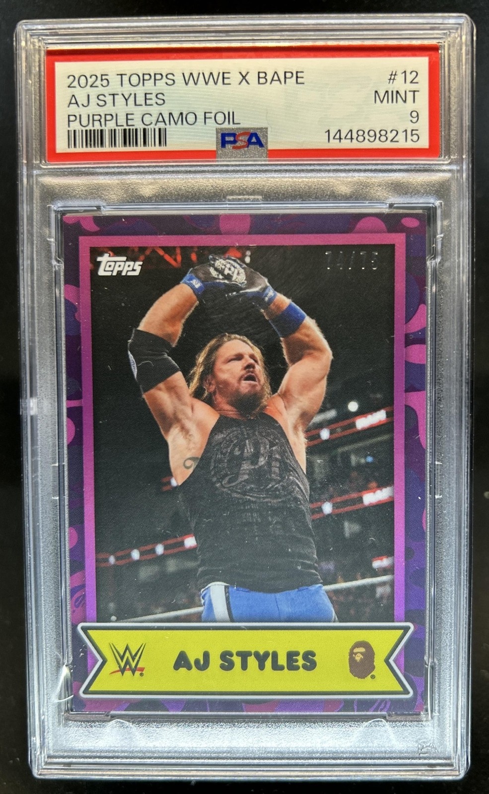 2025 Topps WWE x Bape AJ Styles Purple Camo #/75 PSA 9