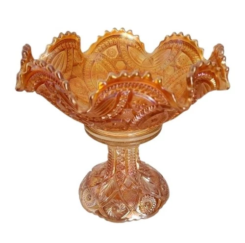 Antique Marigold Carnival Glass Large 2 Pc Pedestal Ruffled Diamond Cut Bowl