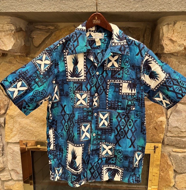 Hukilau Fashions Men's Hawaiian Barkcloth Shirt Large Tropical Honolulu Blue