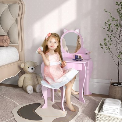 Kinder Schminktisch mit Spiegel, Hocker, Schublade, Aufbewahrungsboxen, Katzen Design