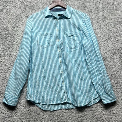 Talbots Linen Button Up Top Womens Medium Blue White Striped Roll Tab Sleeves
