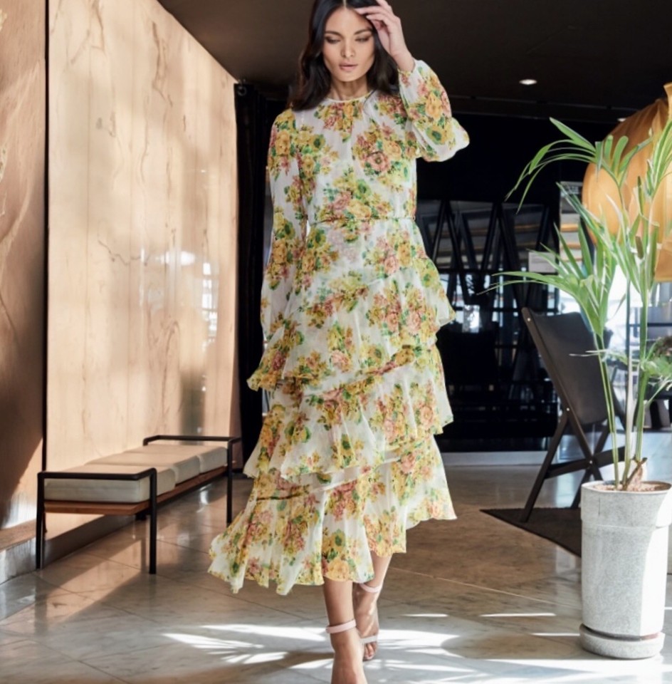 Zimmermann Golden Tiered Ruffled Silk Midi Dress Size 0 AU 8 US 4 Wedding Floral