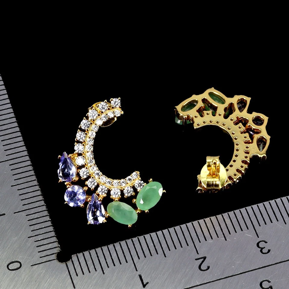 925 Sterling Silber Ohrringe Oval Smaragd Tansanit Natürlicher Edelstein Schmuck - Bild 3 von 4