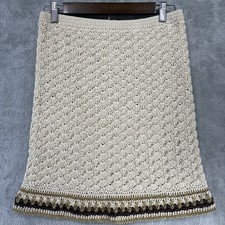 Vintage Crochet Knit Boho Midi Skirt Cream Tan Festival XS Lined